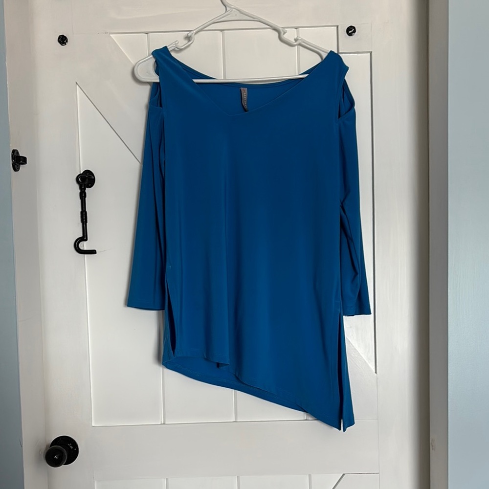 Blue Asymmetrical Cold Shoulder Top